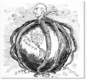 Membro dell’élite bancaria americana John D. Rockfeller dipinto (accuratamente) in una caricatura dell’inizio del XX secolo. lithograph Private Collection Archives Charmet American, out of copyright
